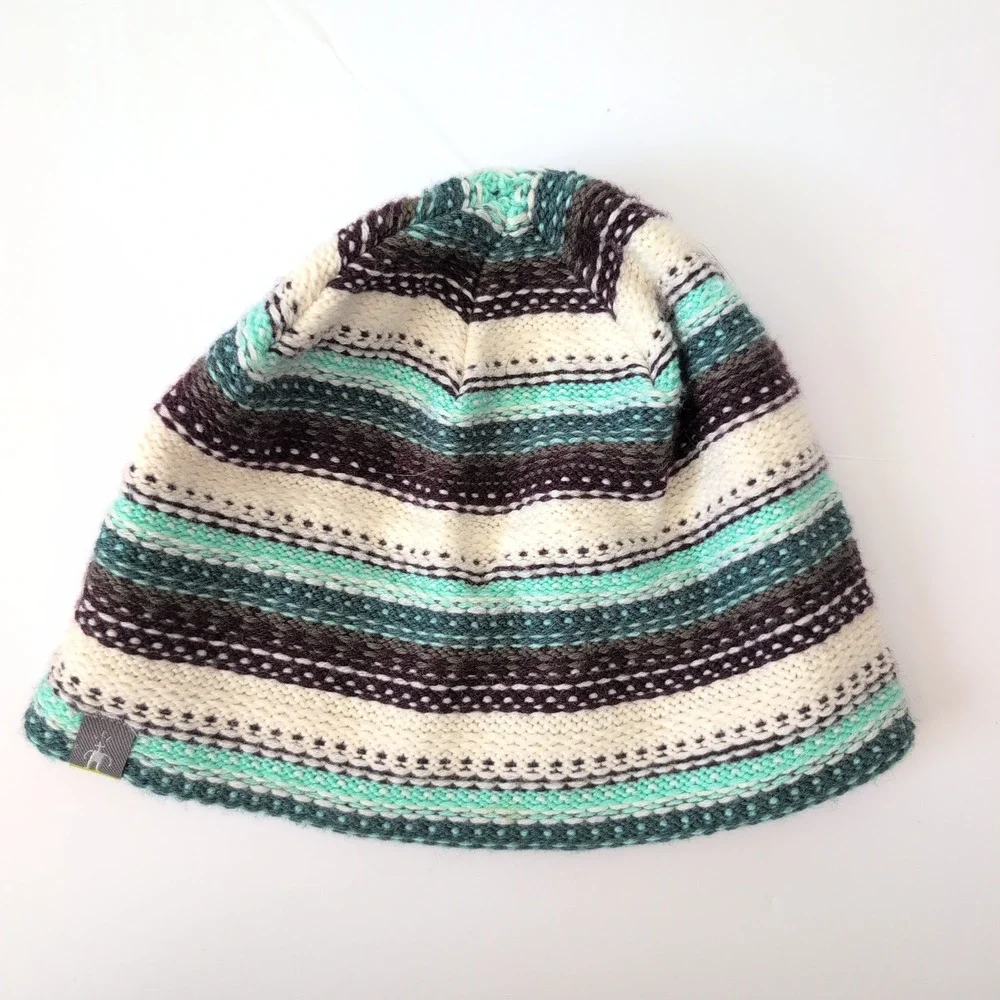 Smartwool Merino Wool Blend Striped Beanie Hat Teal Cream Charcoal Gorpcore